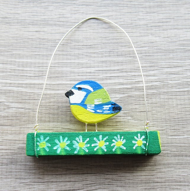 Bird ornament, blue tit hanging decoration.