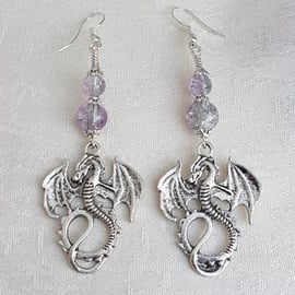 Gorgeous Dragon Charm and Lilac Silver Bead Earrings