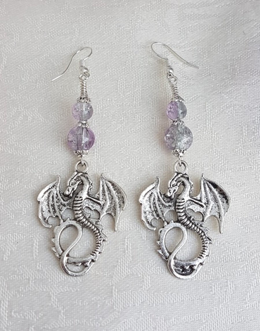 Gorgeous Dragon Charm and Lilac Silver Bead Earrings