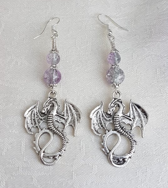 Gorgeous Dragon Charm and Lilac Silver Bead Earrings