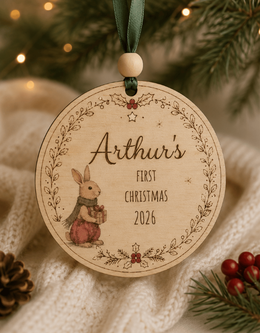 Personalised Baby's First Christmas Wooden Bauble – Arthur Rabbit Woodland Keeps