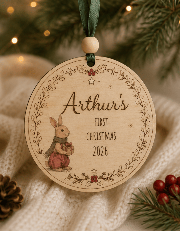 Personalised Baby's First Christmas Wooden Bauble – Arthur Rabbit Woodland Keeps