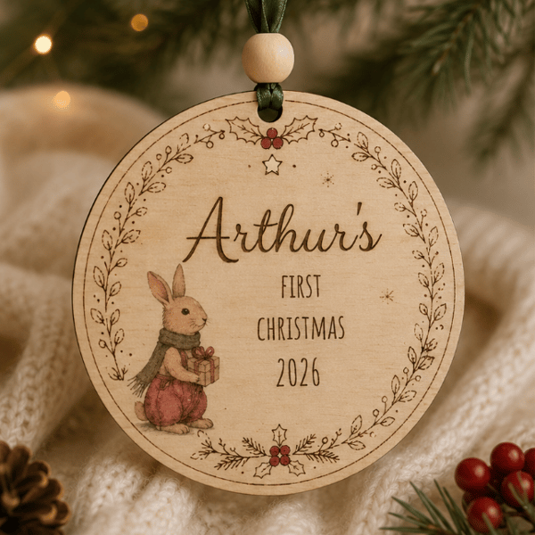 Personalised Baby's First Christmas Wooden Bauble – Arthur Rabbit Woodland Keeps
