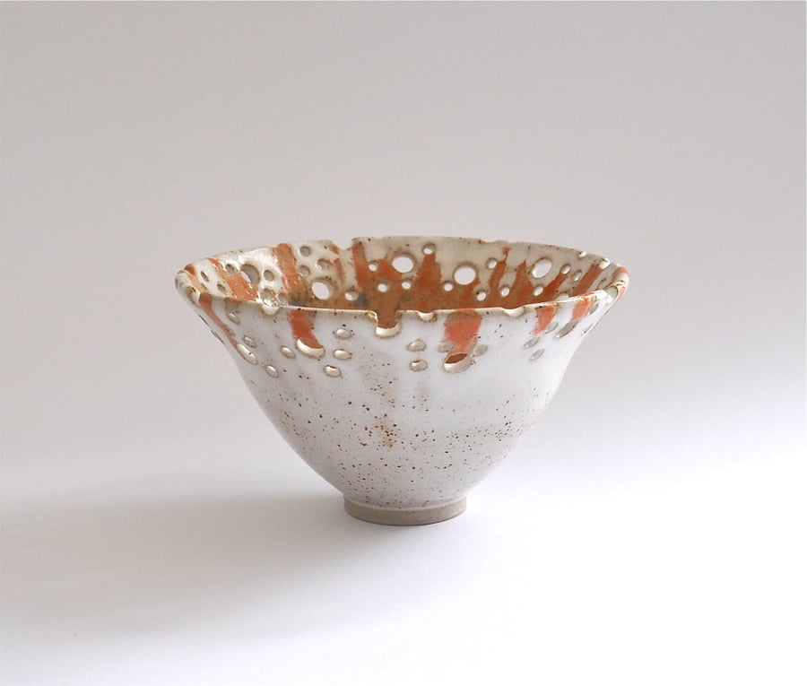 Decorative ceramic bowl with perforated rim - handmade pottery