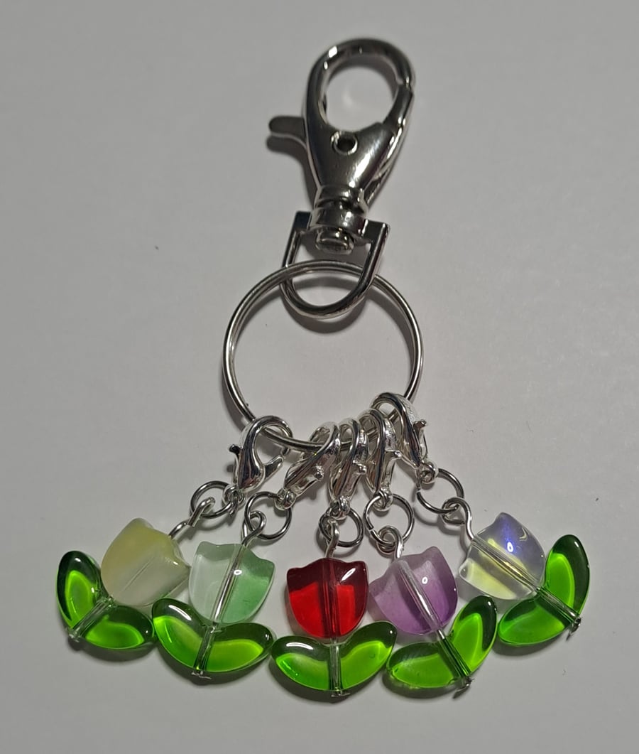 multicoloured tulips keyring stitch marker set
