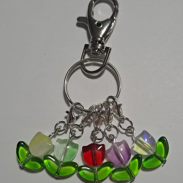multicoloured tulips keyring stitch marker set