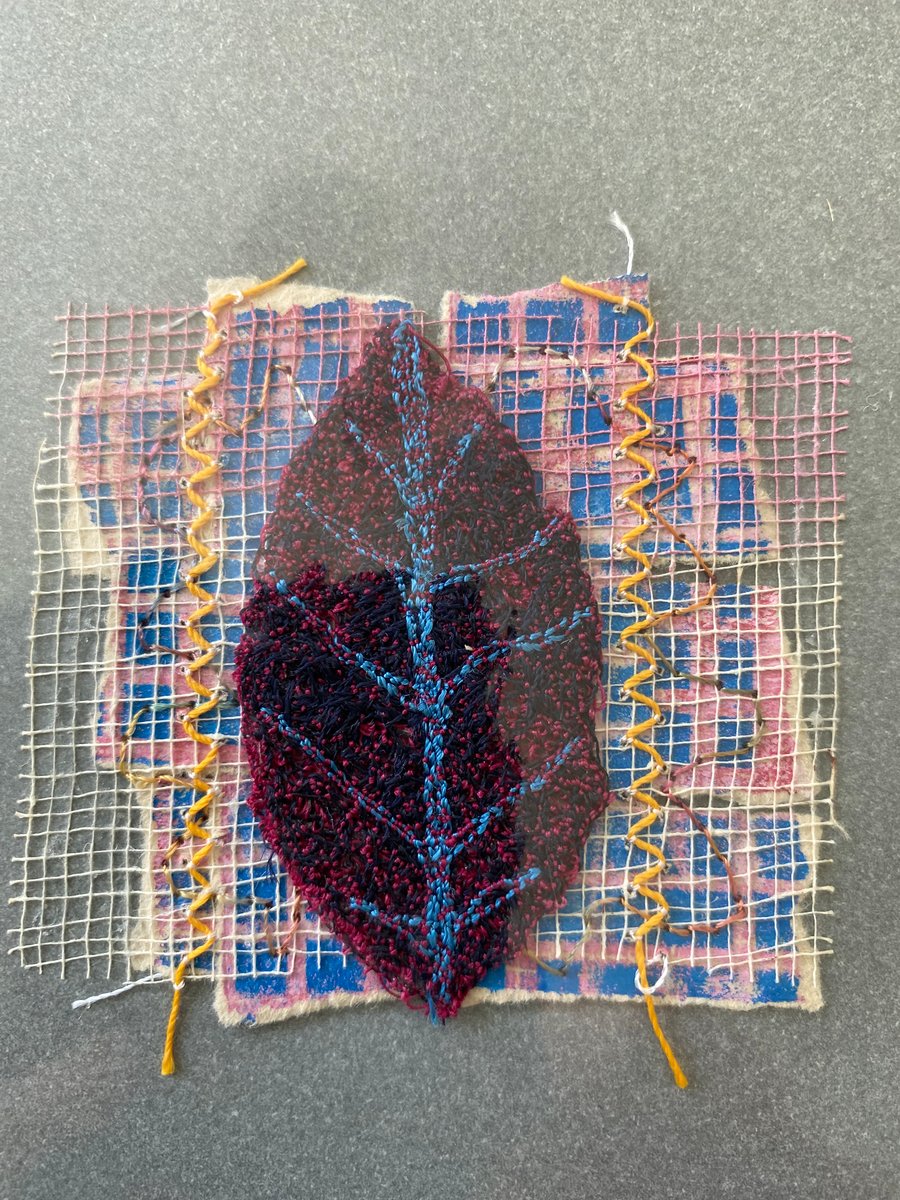 Greeting card and envelope. textile card with embroidered leaf design. blank.