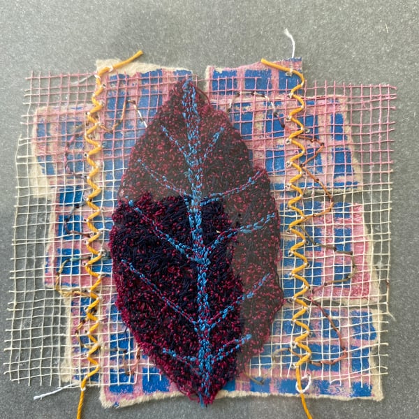Greeting card and envelope. textile card with embroidered leaf design. blank.