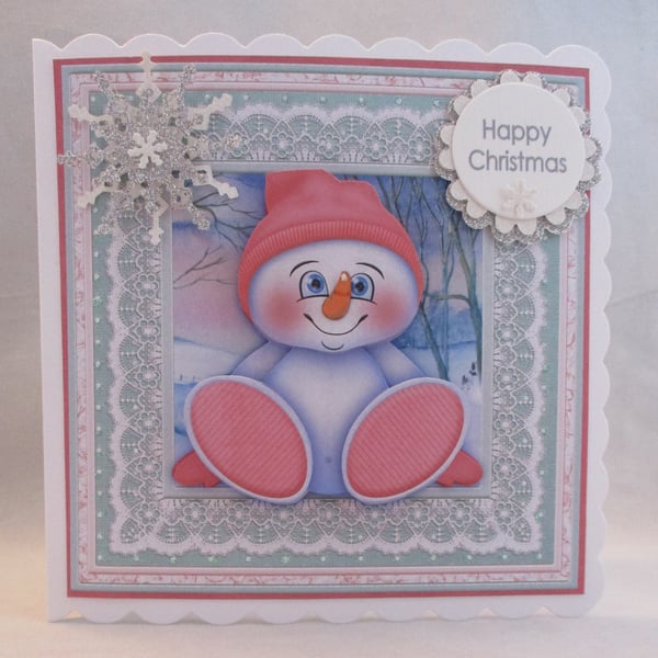 Snowman  Baby ,Pink, 3D, Decoupage Christmas Card, Personalise