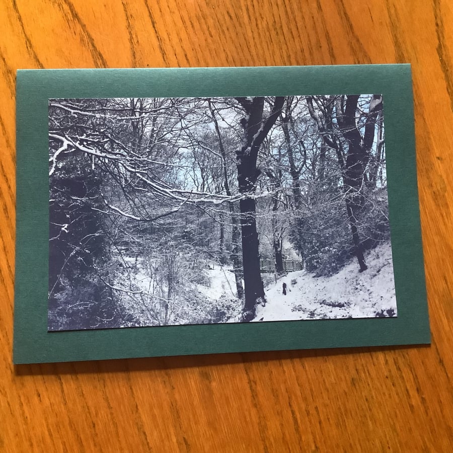 Handmade photo card of winter snow scene in Northumberland Park, North Shields