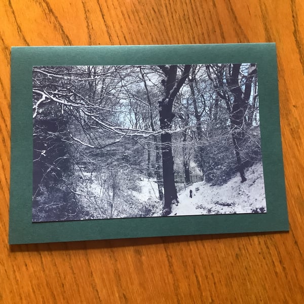 Handmade photo card of winter snow scene in Northumberland Park, North Shields