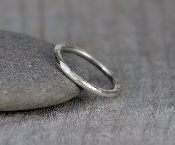 Hammered Effect Wedding Band, 2mm Diameter Rustic Wedding Ring