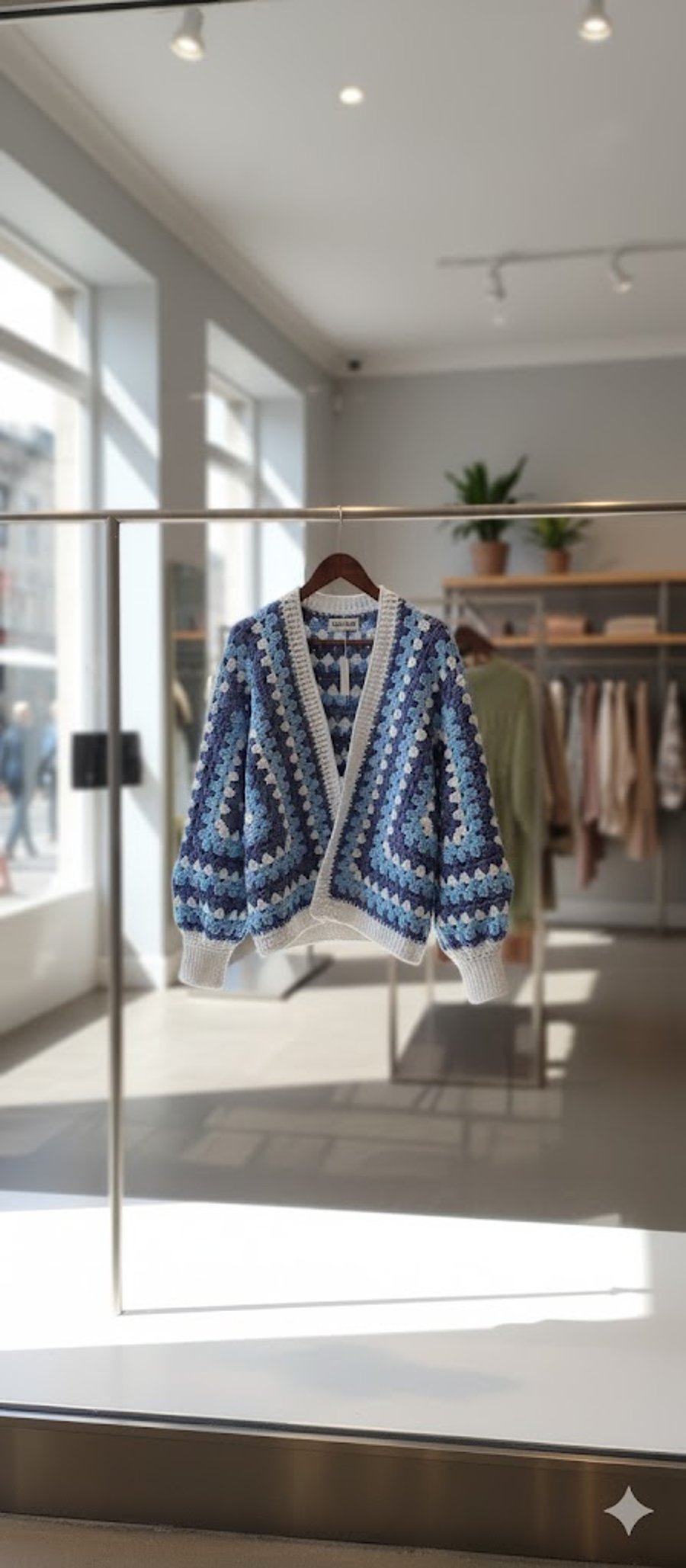 Blue Crochet Granny Hexagon Cardigan Boho Bomber Jacket Size M NEW Handmade