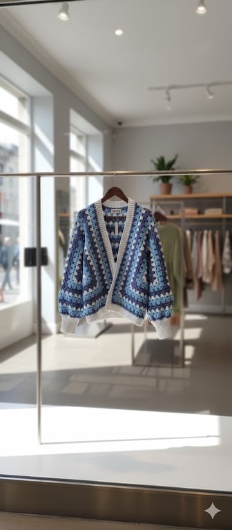 Blue Crochet Granny Hexagon Cardigan Boho Bomber Jacket Size M NEW Handmade