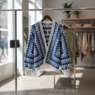 Blue Crochet Granny Hexagon Cardigan Boho Bomber Jacket Size M NEW Handmade