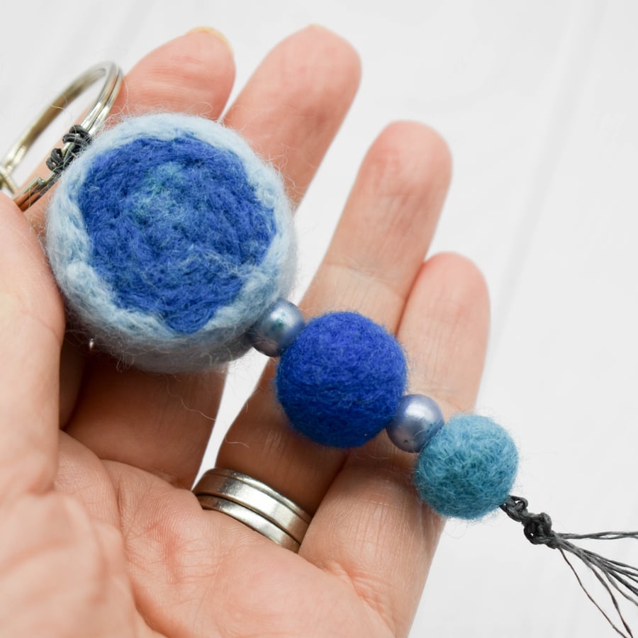 Felted bead Bag Charm - Key Ring Blues