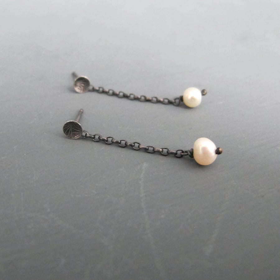 Long Pearl & Oxidised Sterling Silver Earrings