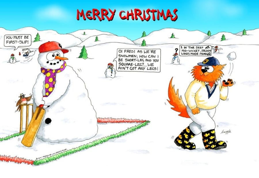 Cricket Christmas card. Snowman cricket. Funny cartoon card  FREE UK P&P