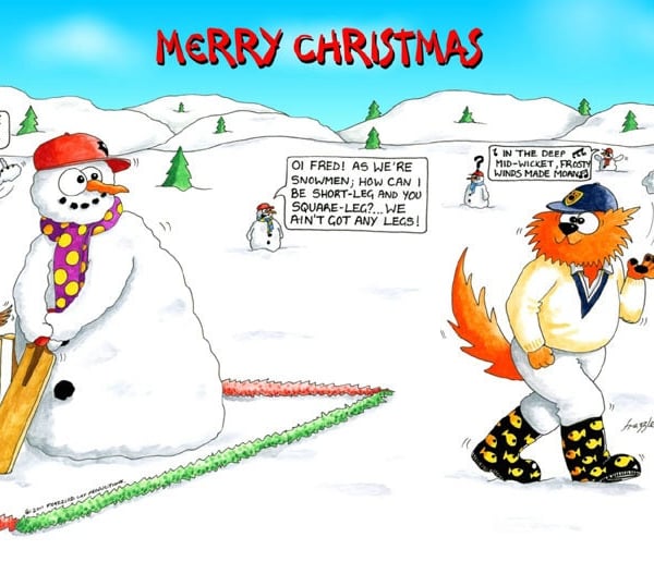 Cricket Christmas card. Snowman cricket. Funny cartoon card  FREE UK P&P