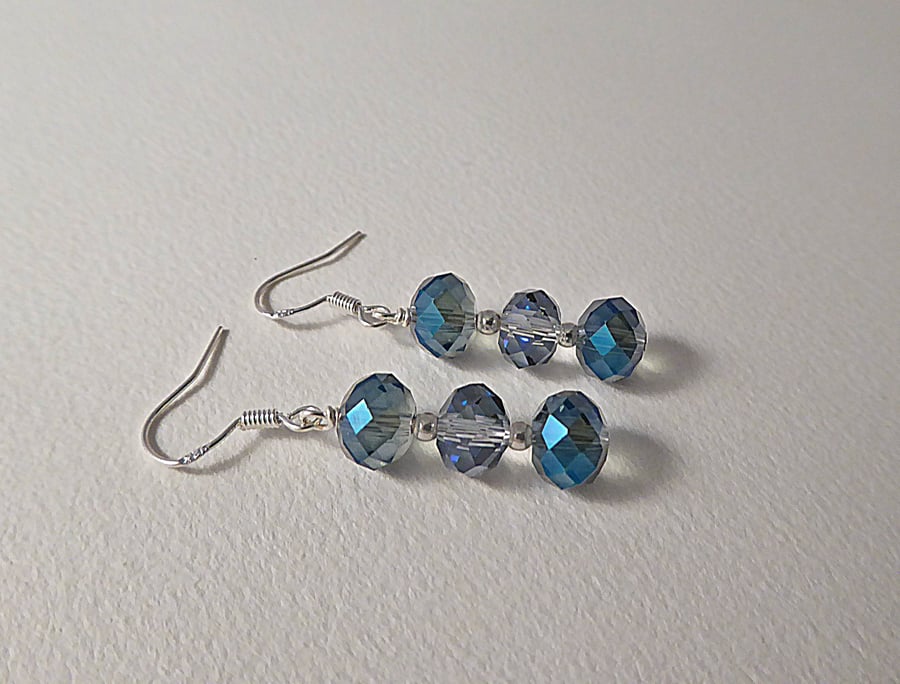Crystal Drop Earrings, Sterling Silver. Czech AB Crystals in Blue and Silver