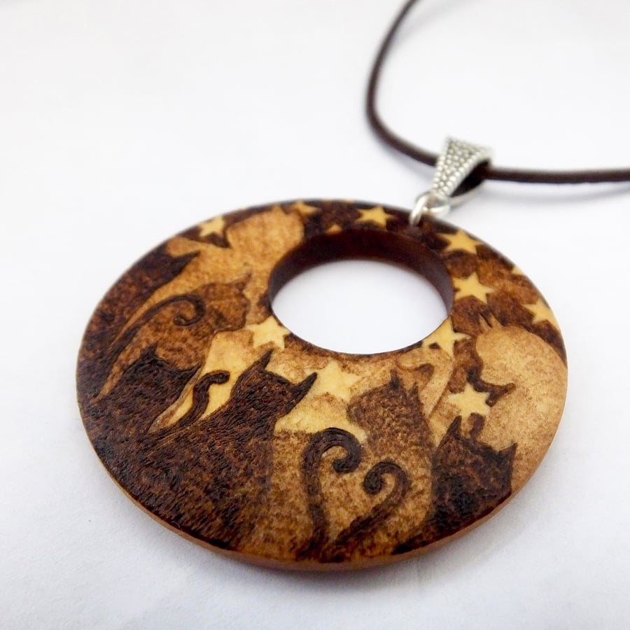 For the love of Cats Wooden Pyrography Pendant Necklace