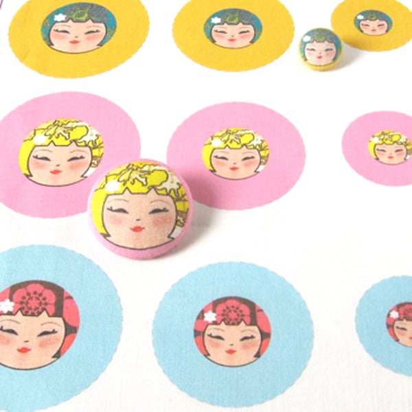 Fabric Panel - Make your own Funky Kokeshi covered buttons - set of 9 covers