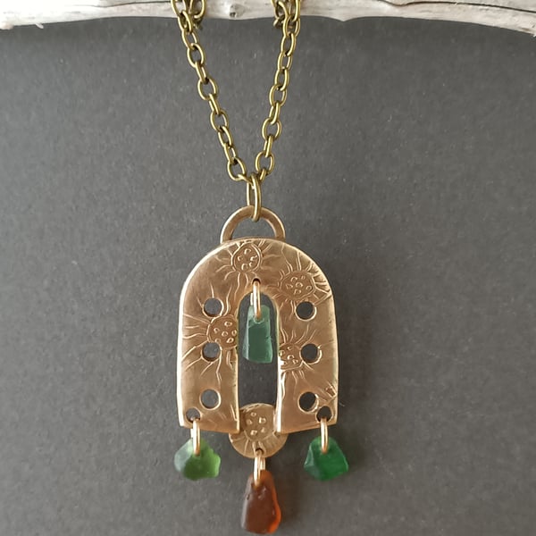 Seaglass and Bronze Pendant, one of a kind, recycled materials