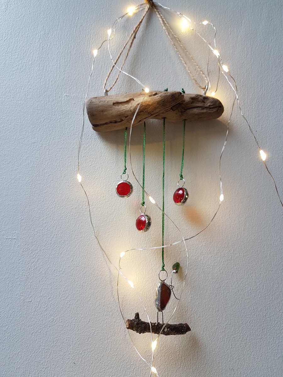 Sea Glass Robin, Mobile, Hanging Christmas Decoration, Rustic, Driftwood