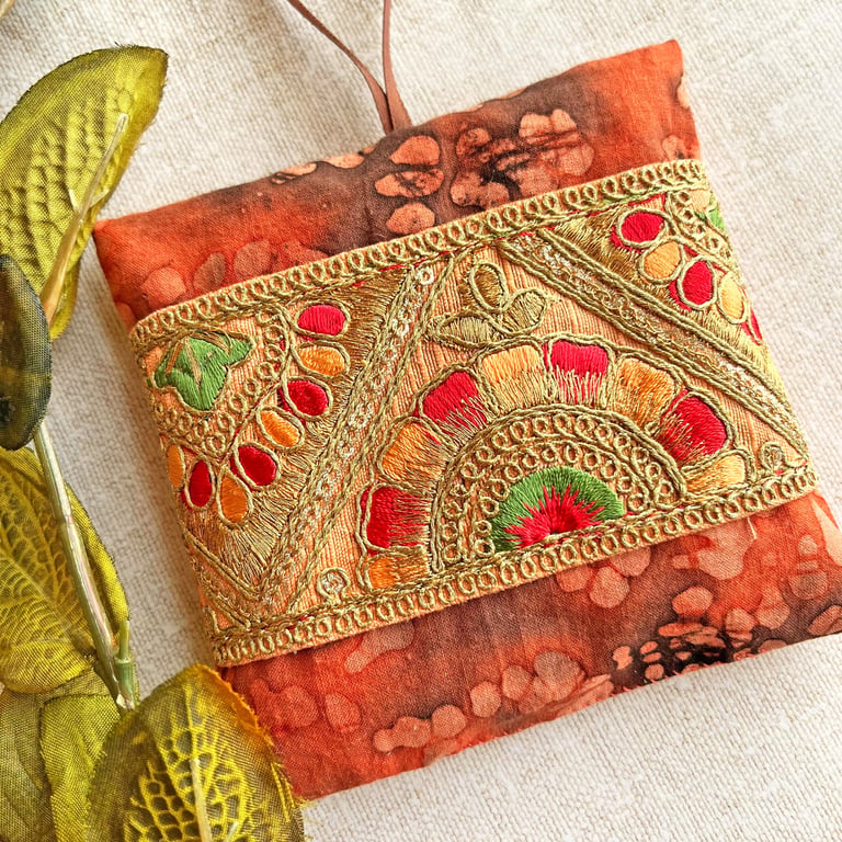 A pretty batik lavender bag with embroidered trim, scented gift, 