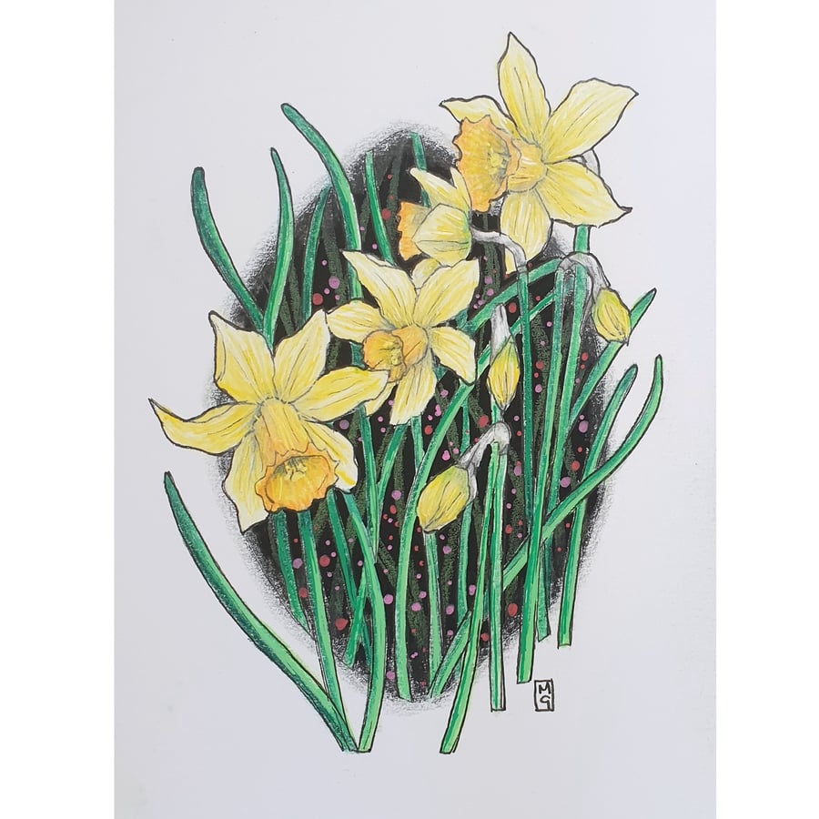 Daffodils original drawing, small floral wall art, artwork