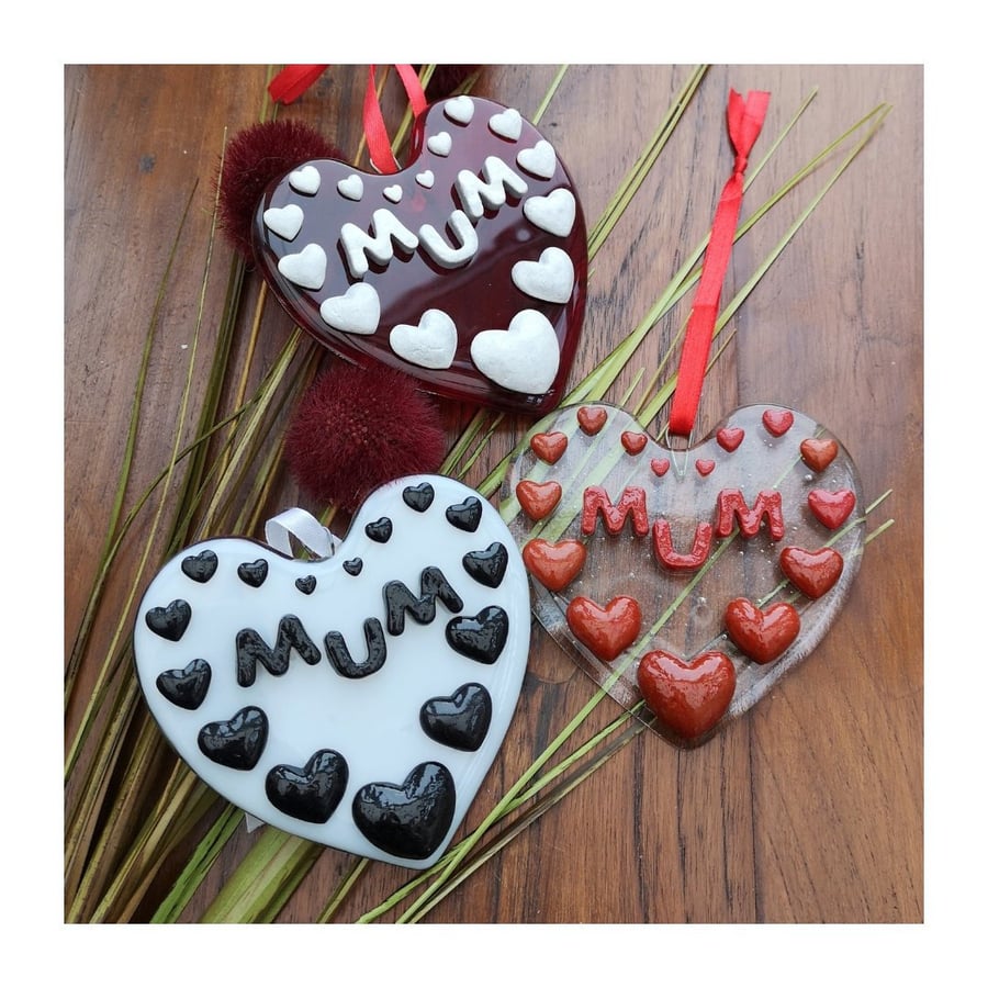 Handmade Fused Glass 3D Mum Hanging Heart Picture Decoration - Suncatcher