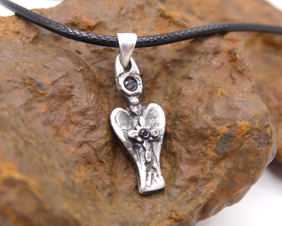 Summer Seconds Fine Silver 999 Angel Pendant Necklace, Amethyst Gemstones