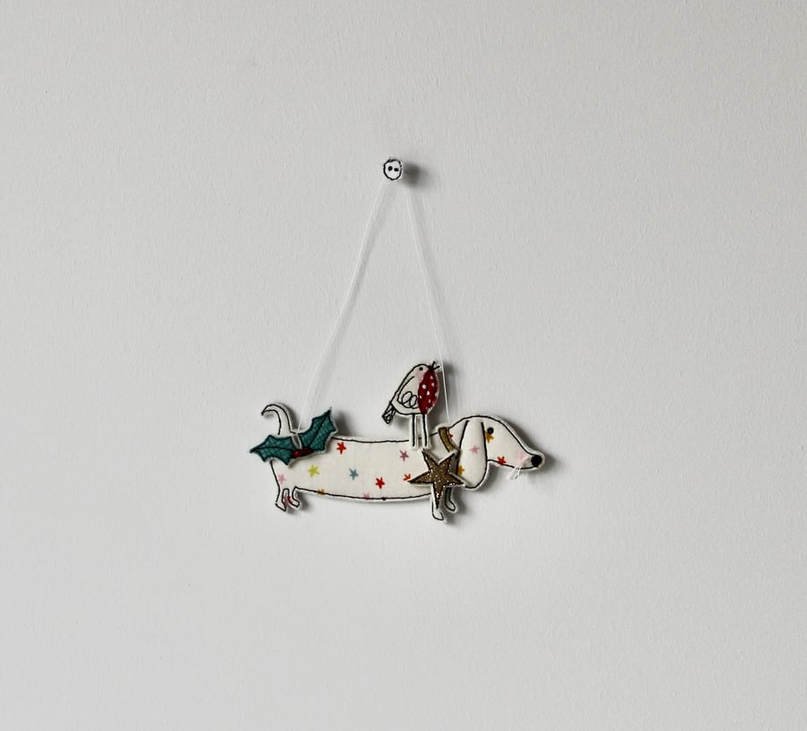 'Sausage Dog with a Robin' - Hanging Decoration