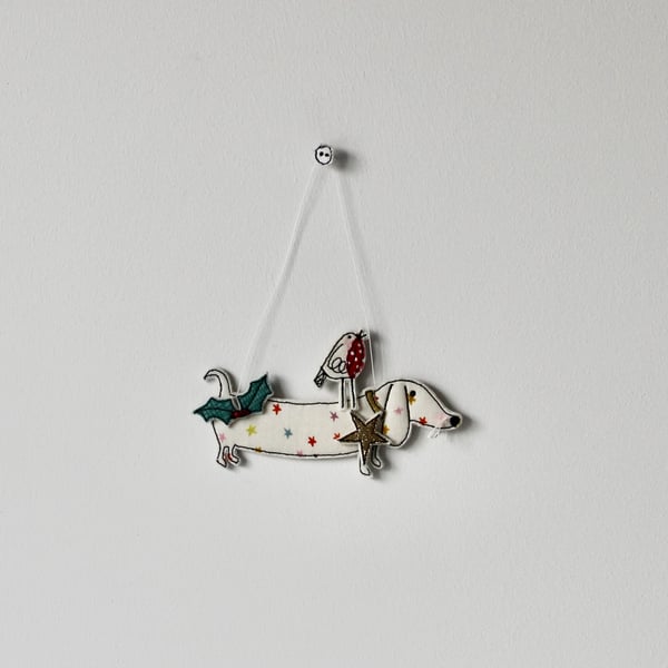 'Sausage Dog with a Robin' - Hanging Decoration