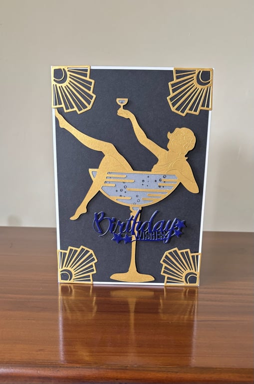 Girl in a Glass of Champagne Birthday Card, art deco.
