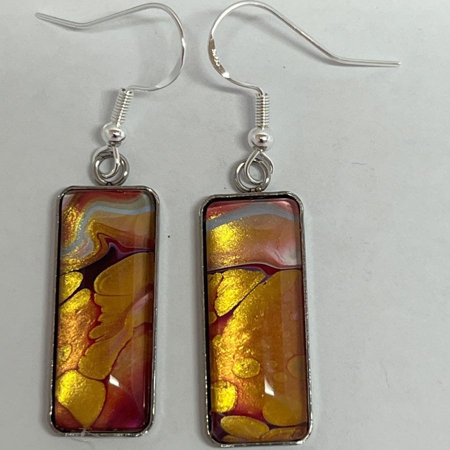 Colourful and unique painted drop oblong earrings - gold & red