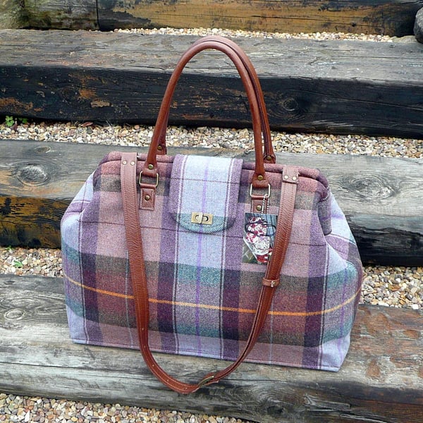 Purple tartan weekend travel bag overnight bag Mary Poppins style carpet bag 