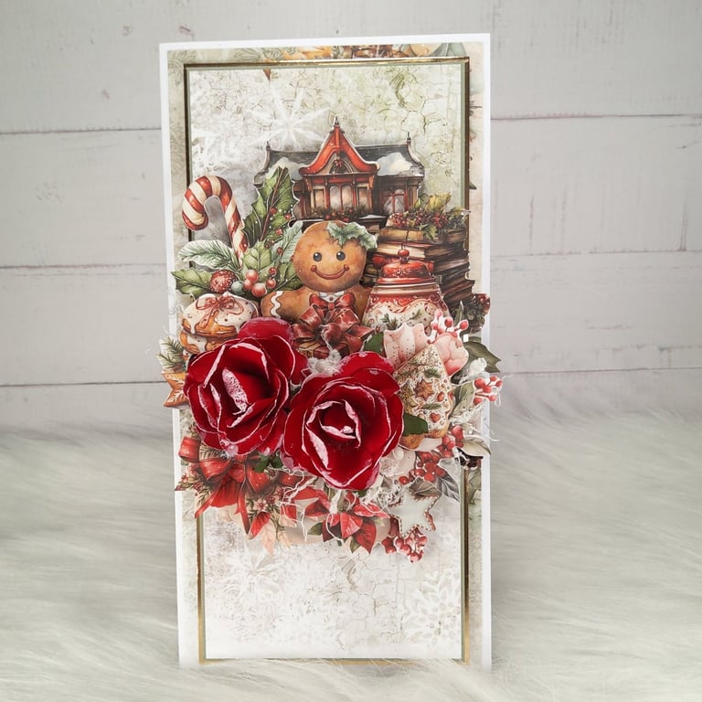 Handmade 3D Christmas Card Red Roses & Gingerbread.  Luxury Festive Card. (32)