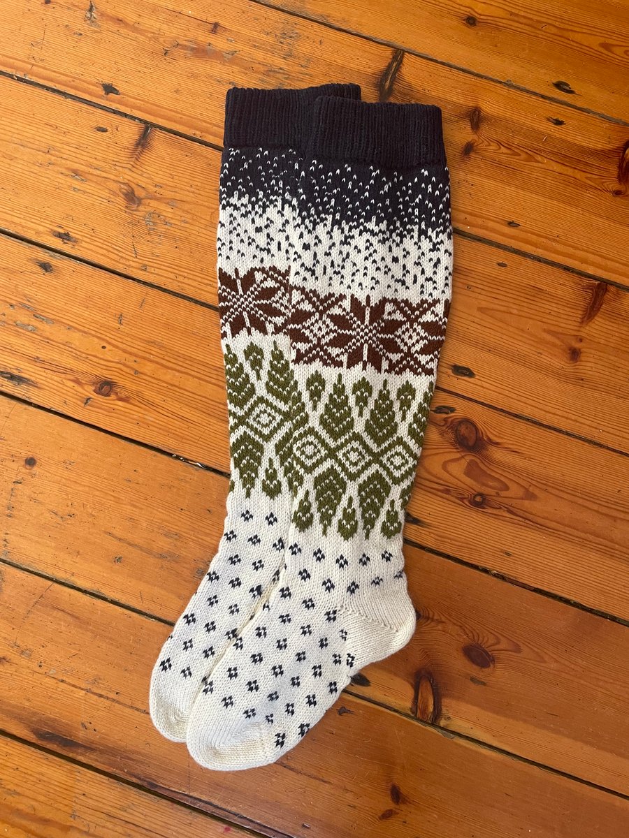 Long knee length wool socks white navy brown green fairisle christmas pattern 