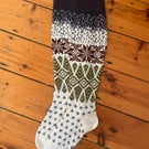 Long knee length wool socks white navy brown green fairisle christmas pattern 