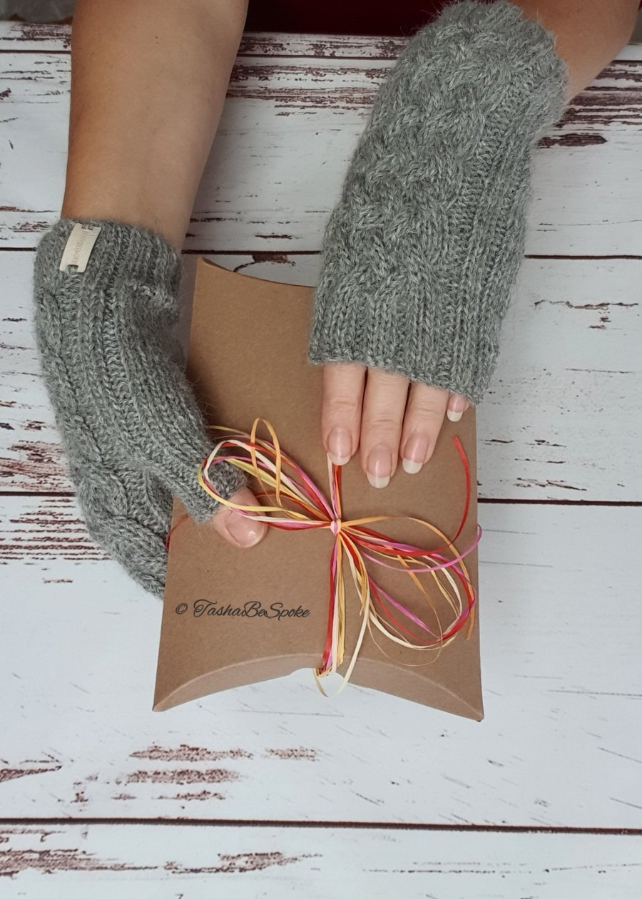 Hand knitted grey mittens, Fingerless alpaca gloves, Hand warmers, Arm warmers 
