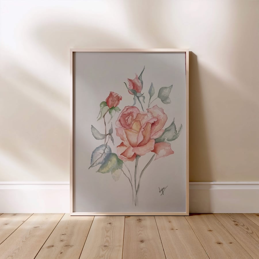 Pale Pink Vintage Rose Watercolour – Limited Edition A4 Print