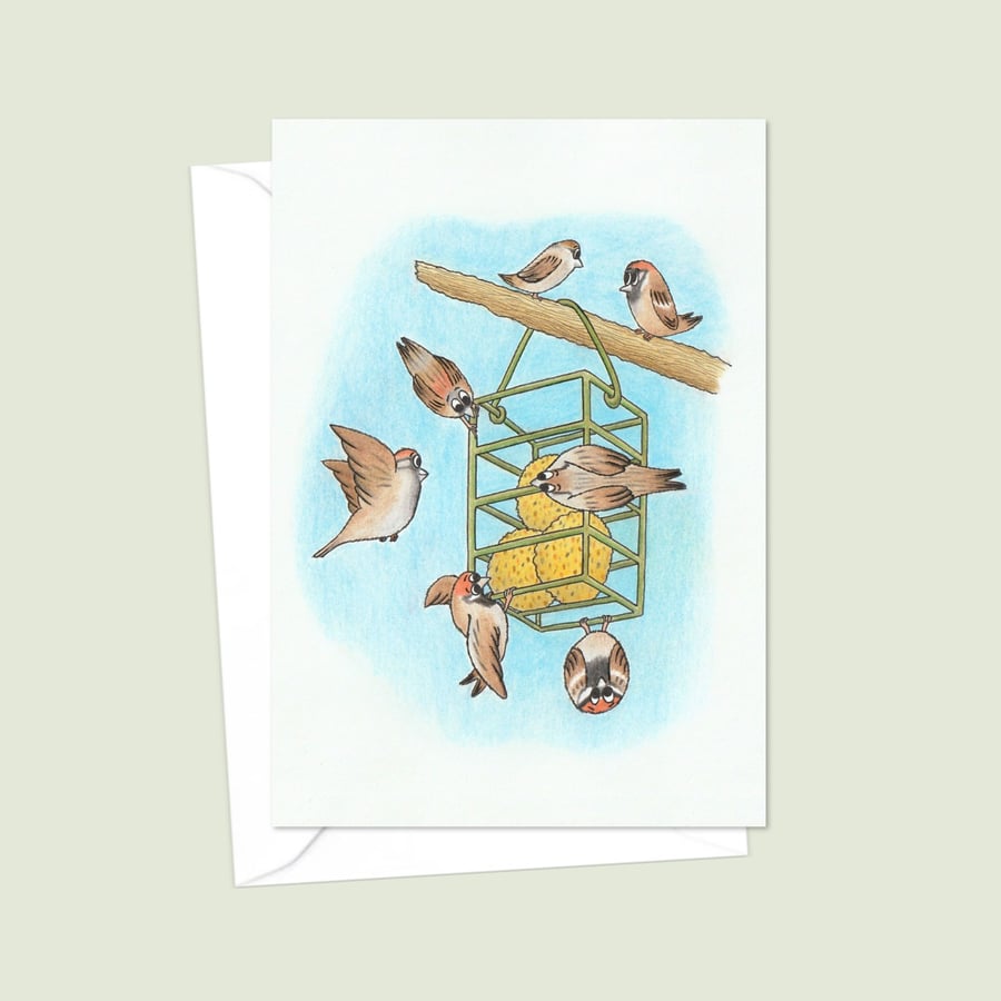 Garden Sparrows Greeting Card: Original Pencil Illustration (208)