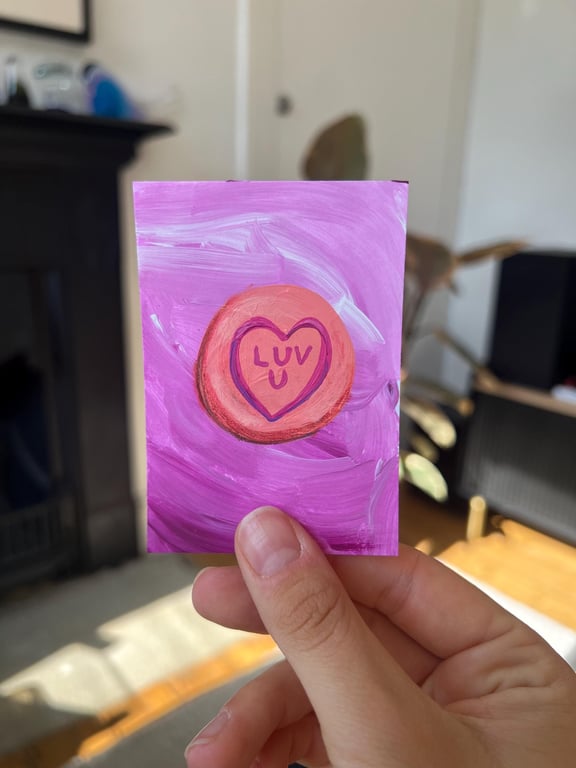 ACEO original - loveheart sweet retro candy luv u - acrylic paint