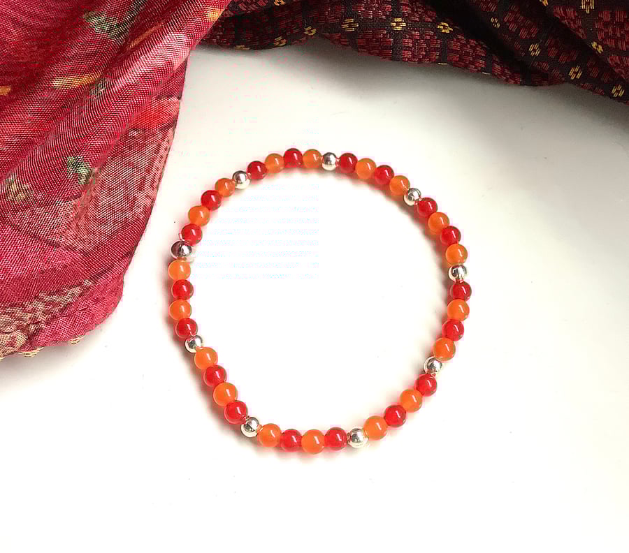 Red Malaysian jade stretchy bracelet, Summer colours Red & orange
