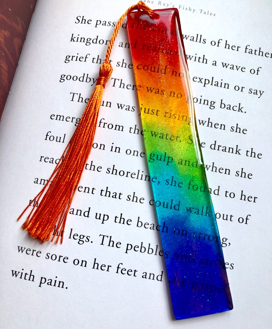 Sparkling Rainbow Resin Bookmark with Orange Tassel 