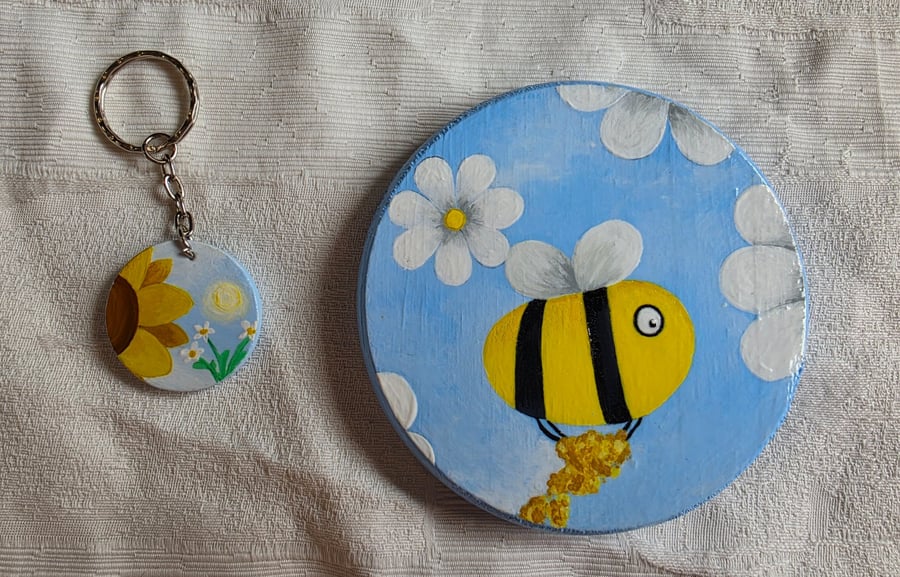 Handmade Bumble Bee Coaster & Matching Keyring Gift Set