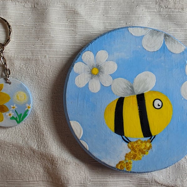 Handmade Bumble Bee Coaster & Matching Keyring Gift Set
