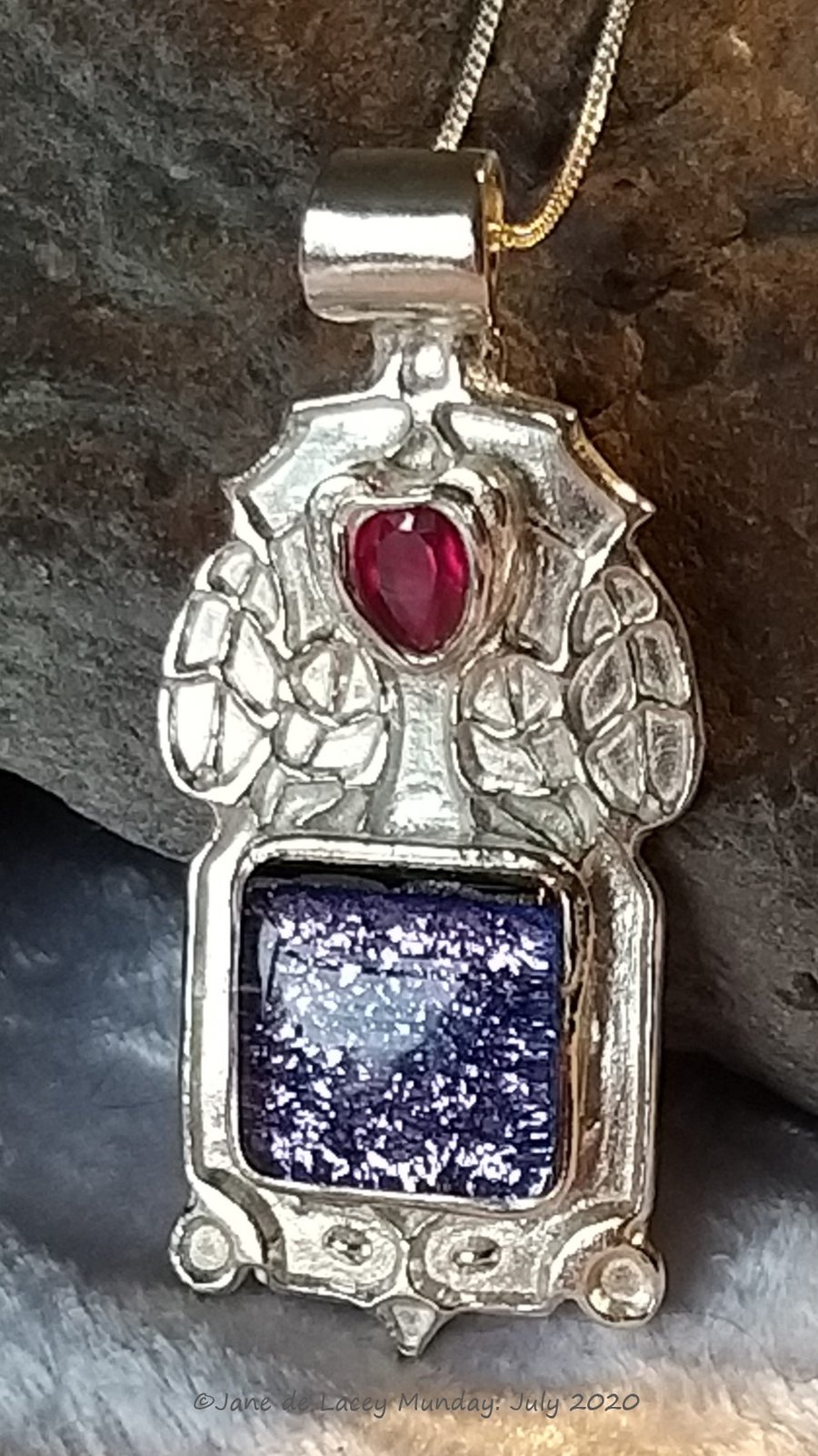 Fine Silver Pendant with Purple Glittery Glass and Pink Cubic Zirconia.