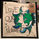LOVE OUR PLANET TOTE BAG - REUSABLE & SUSTAINABLE JUTE TOTE - HAND PAINTED